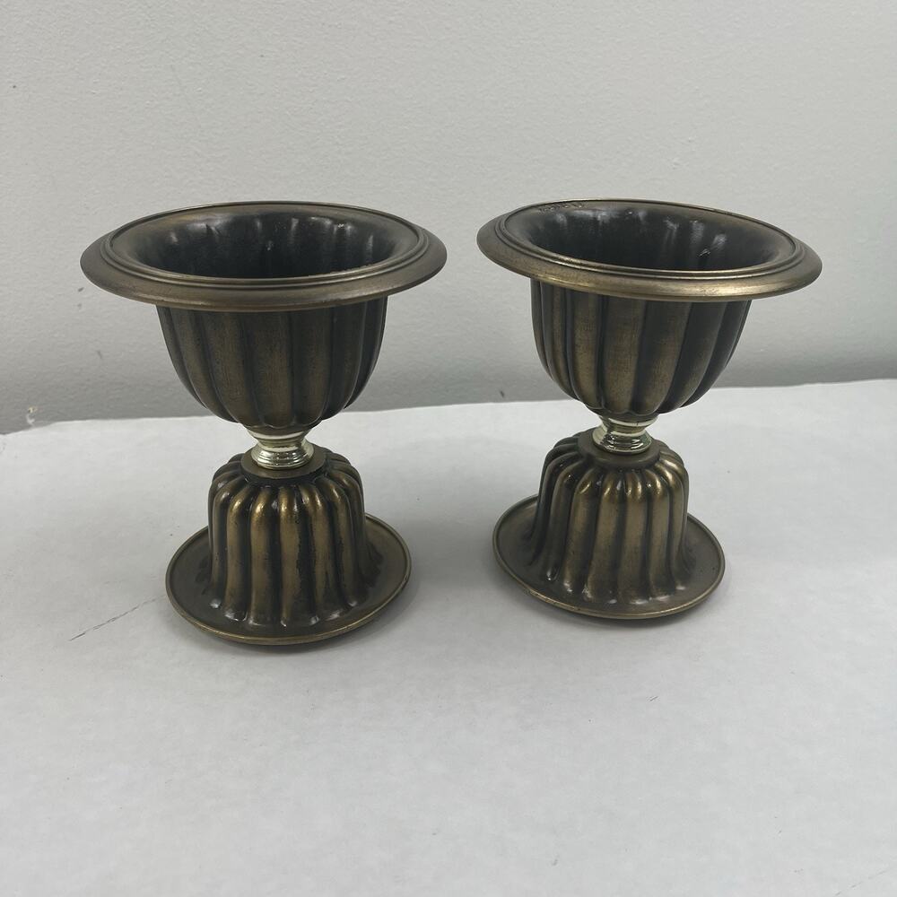 Vintage Rubel Brass Tone Floral Frog Flower Holder Pair 7” Metal Urn Vases MCM